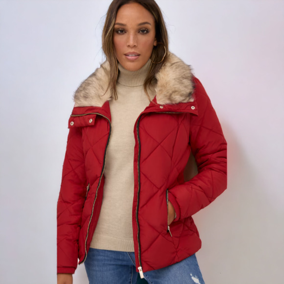 New York & Company Red Puffer Jacket with Fur Collar - Picture 1 of 8